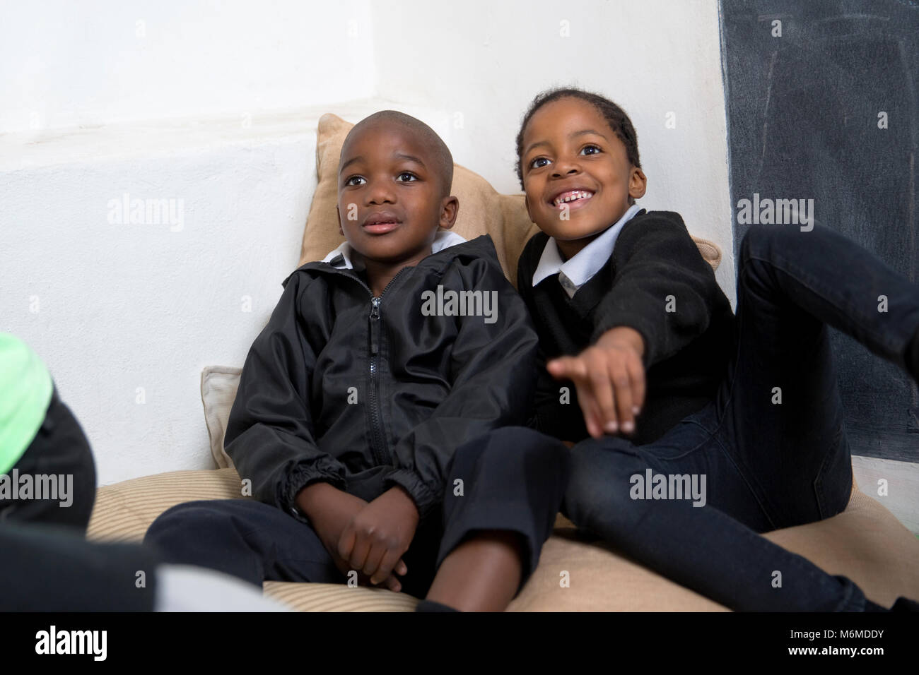 Portrait of two young kids smiling Stock Photo