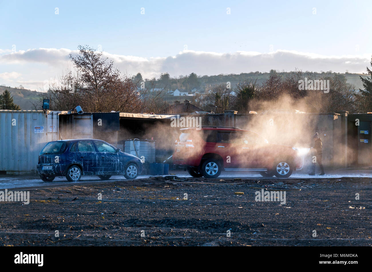 Pop up manual hand car wash washing in Letterkenny, County Donegal, Ireland Stock Photo