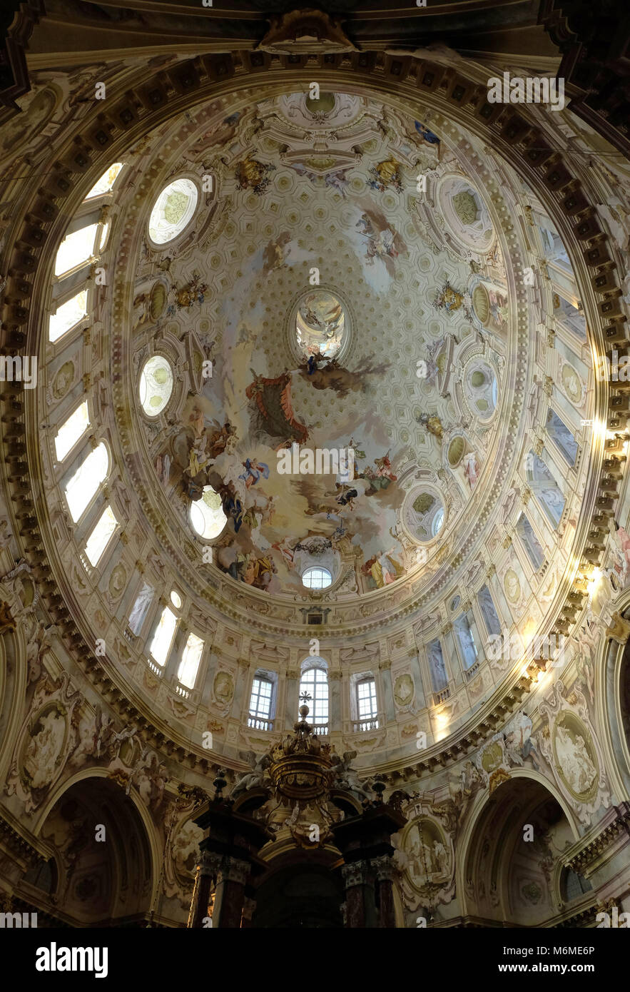 Interior of Basilica Sanctuary Regina Montis Regalis in Vicoforte,looking up at elliptical dome, Italy Stock Photo
