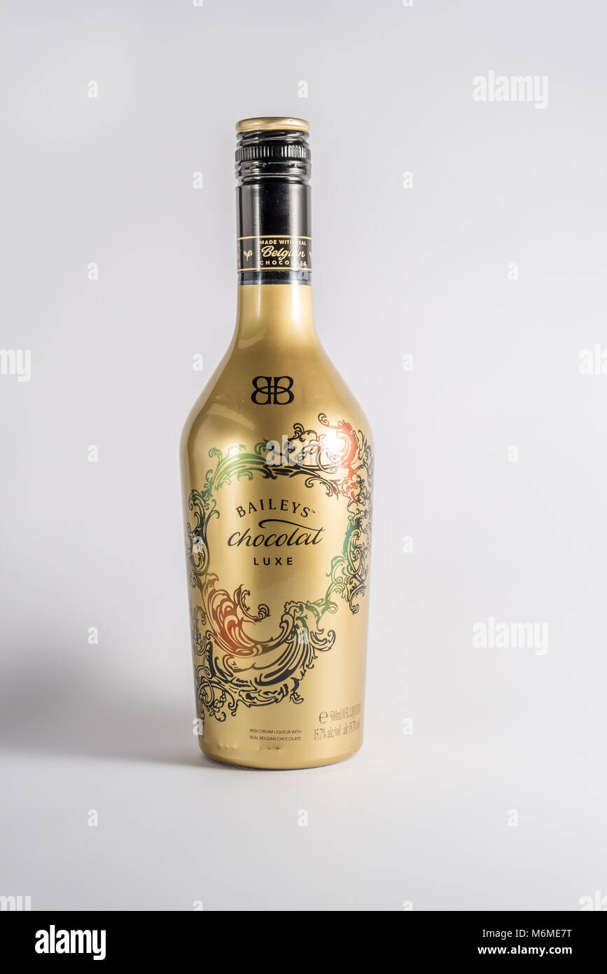 A bottle of Baileys Chocolate luxe, on a white background Stock