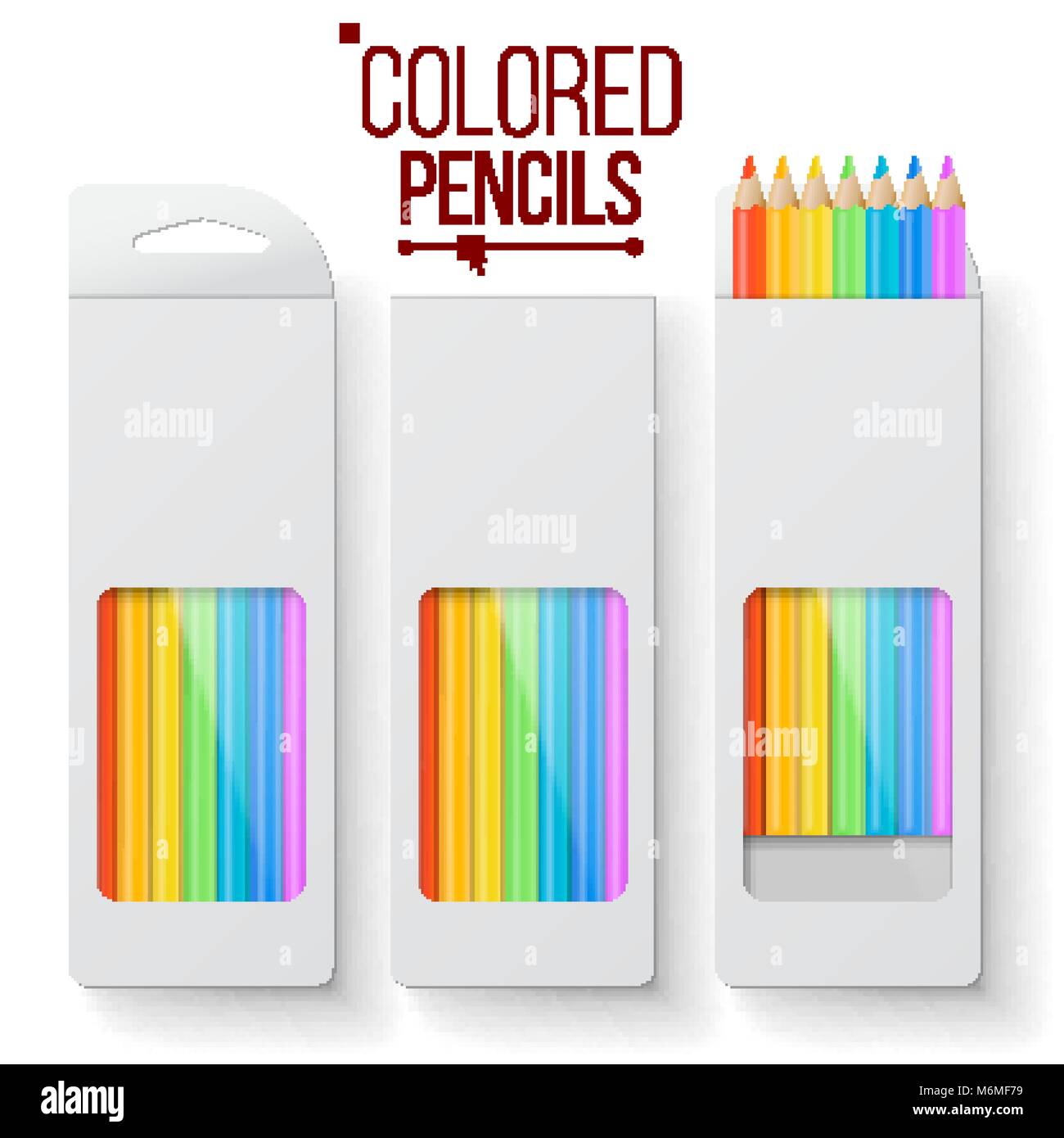 Colored Pencils Packaging Vector. Wooden Pencil Paper Box Top View