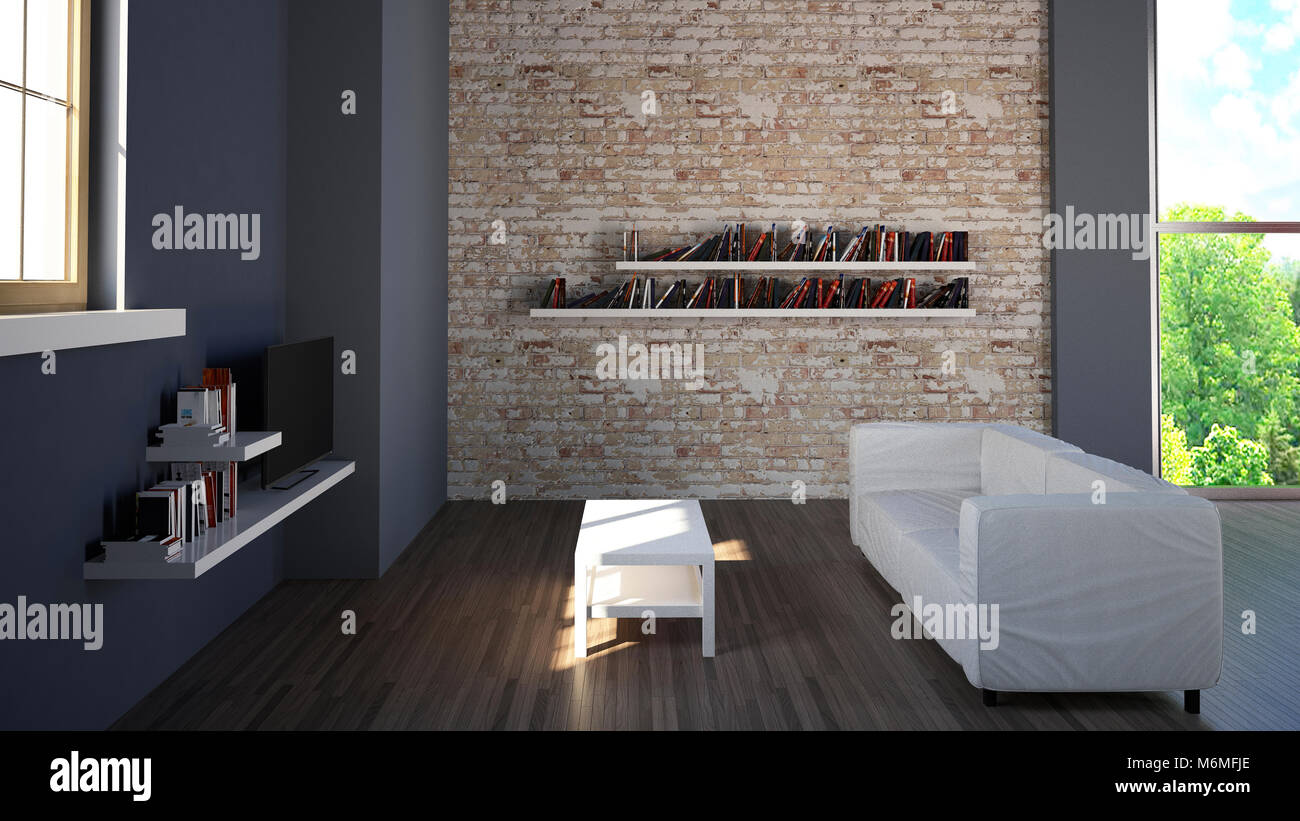 Interior Design Painting With A Bookcase Hanging On A Brick