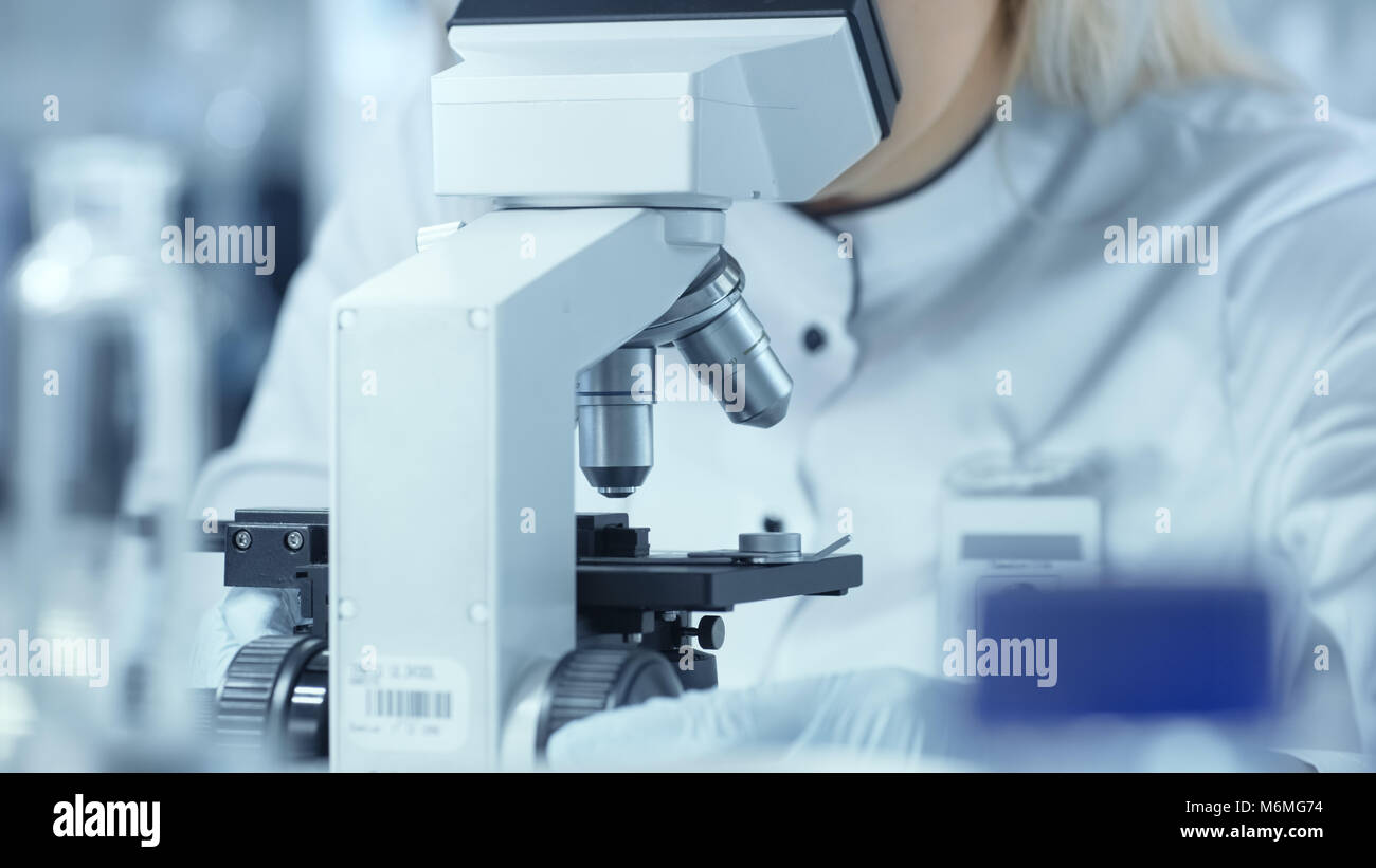 Close-up Shot of Scientist Using Microscope in Laboratory. Stock Photo