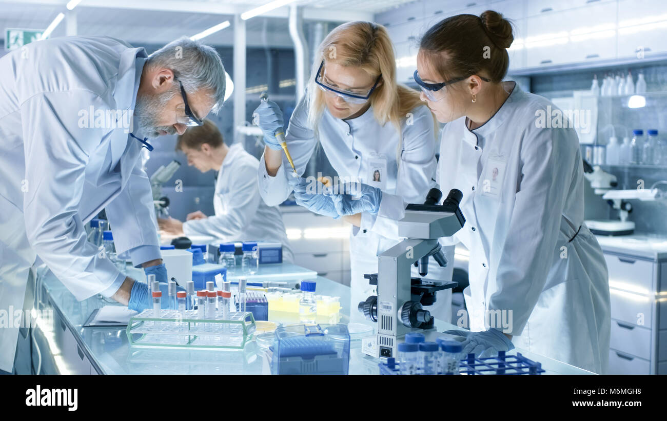 Team of Medical Research Scientists Work on a New Generation Disease Cure. They use Microscope, Test Tubes, Micropipette and Writing Down Results Stock Photo