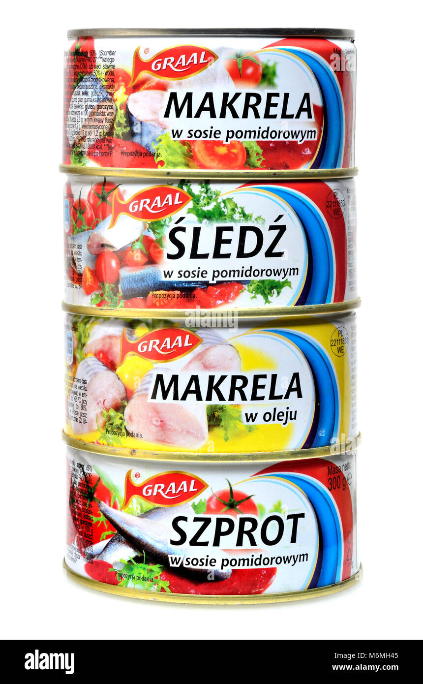 Polish canned fish (from top) Mackerel with tomato sauce; herrings in tomato sauce; mackerel in oil; sprats in tomato sauce Stock Photo