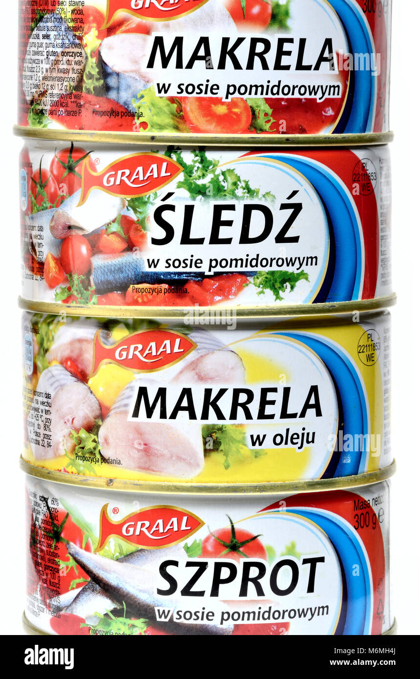 Polish canned fish (from top) Mackerel with tomato sauce; herrings in tomato sauce; mackerel in oil; sprats in tomato sauce Stock Photo