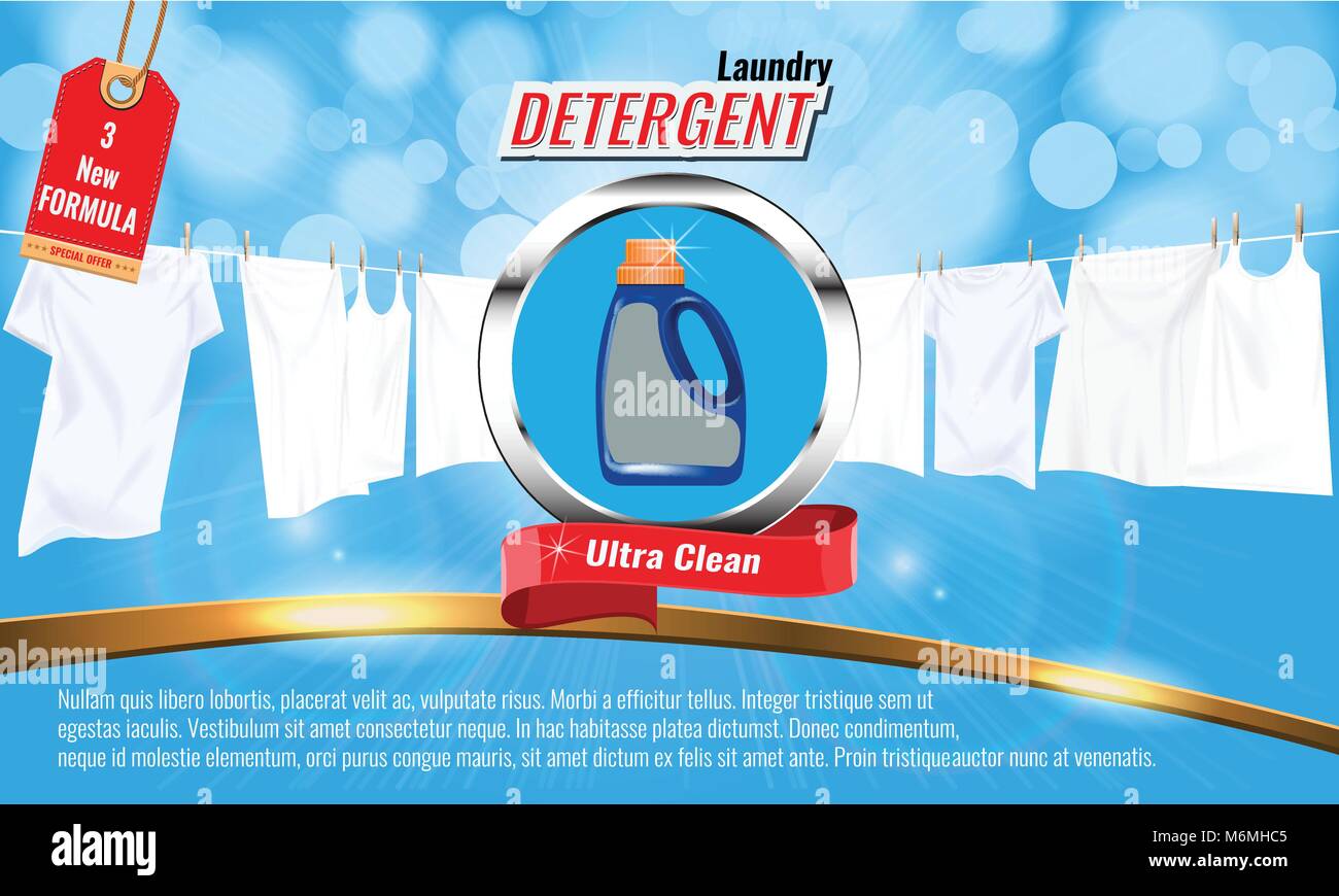 Laundry detergent ads template with package design, white clothes and