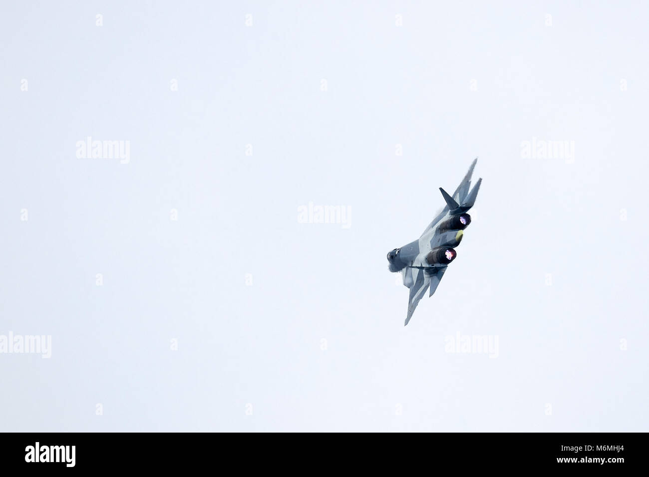 New Russian five generation's fighter SU 57 (T-50) shows demonstration flight at Moscow salon MAKS 2017. 18.07.2017, Zhukovsky, Russia. Stock Photo