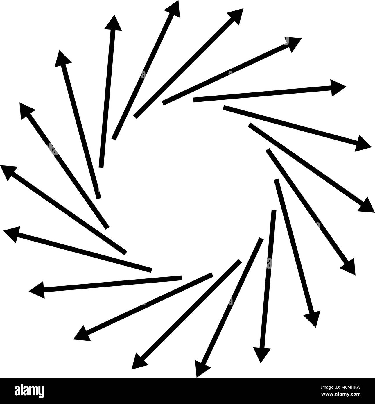 Concentric, radial, radiating arrows. Circular arrow element Stock