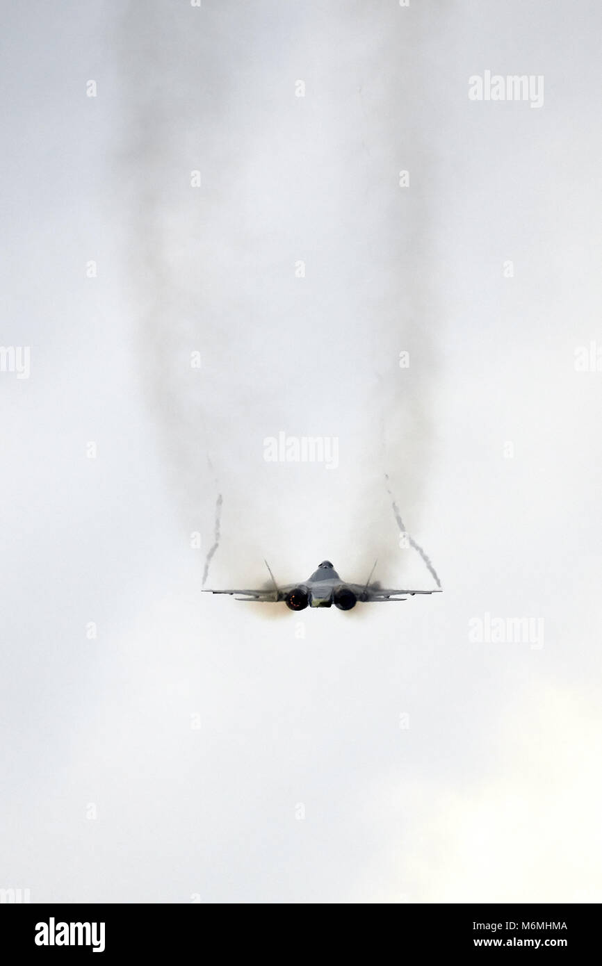 New Russian five generation's fighter SU 57 (T-50) shows demonstration flight at Moscow salon MAKS 2017. 18.07.2017, Zhukovsky, Russia. Stock Photo