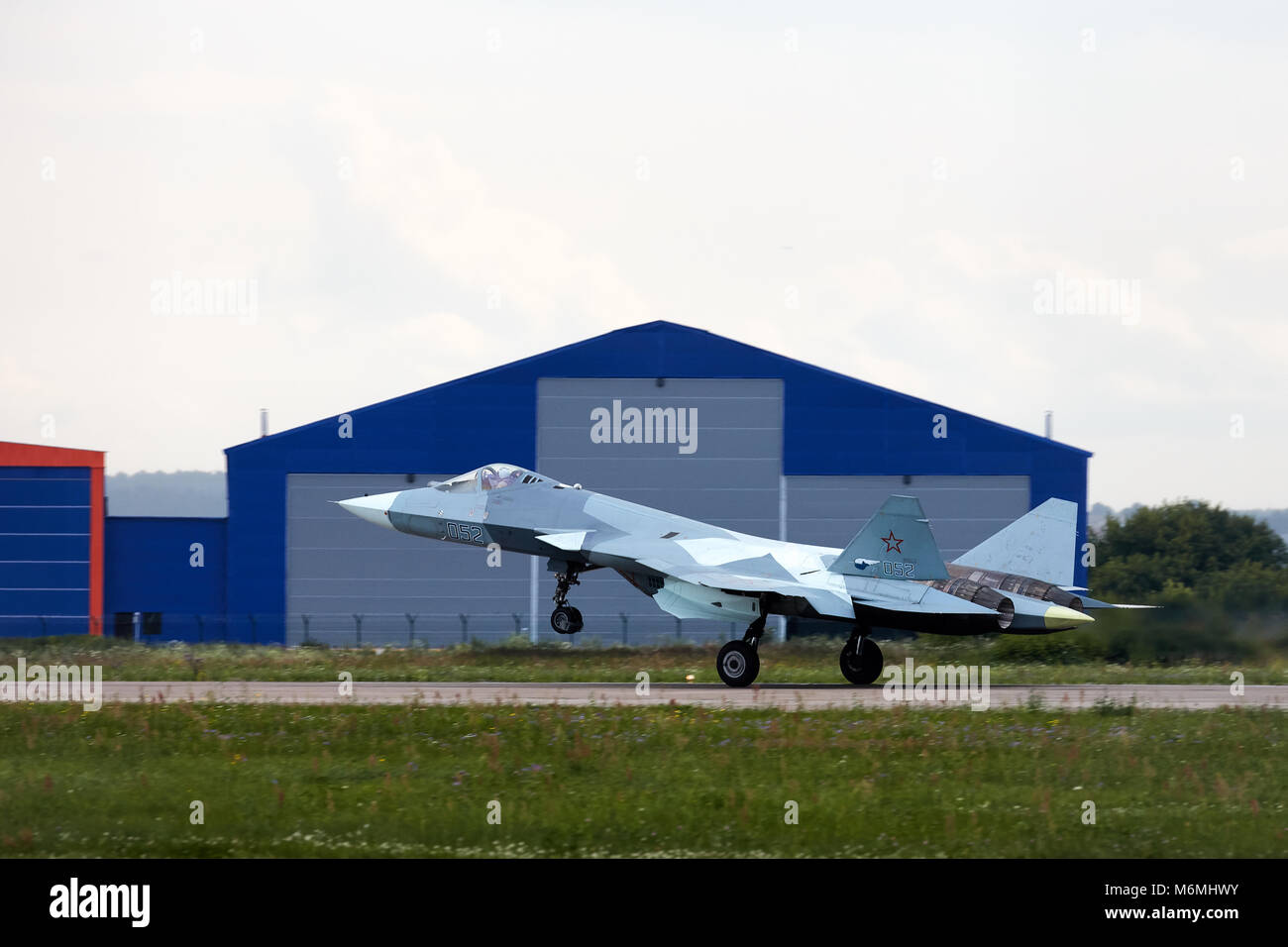 New Russian five generation's fighter SU 57 (T-50) shows demonstration flight at Moscow salon MAKS 2017. 18.07.2017, Zhukovsky, Russia. Stock Photo