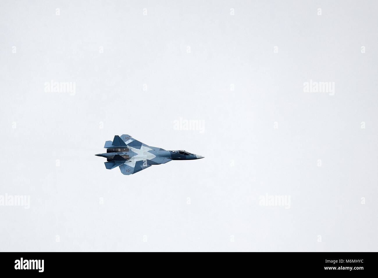 New Russian five generation's fighter SU 57 (T-50) shows demonstration flight at Moscow salon MAKS 2017. 18.07.2017, Zhukovsky, Russia. Stock Photo