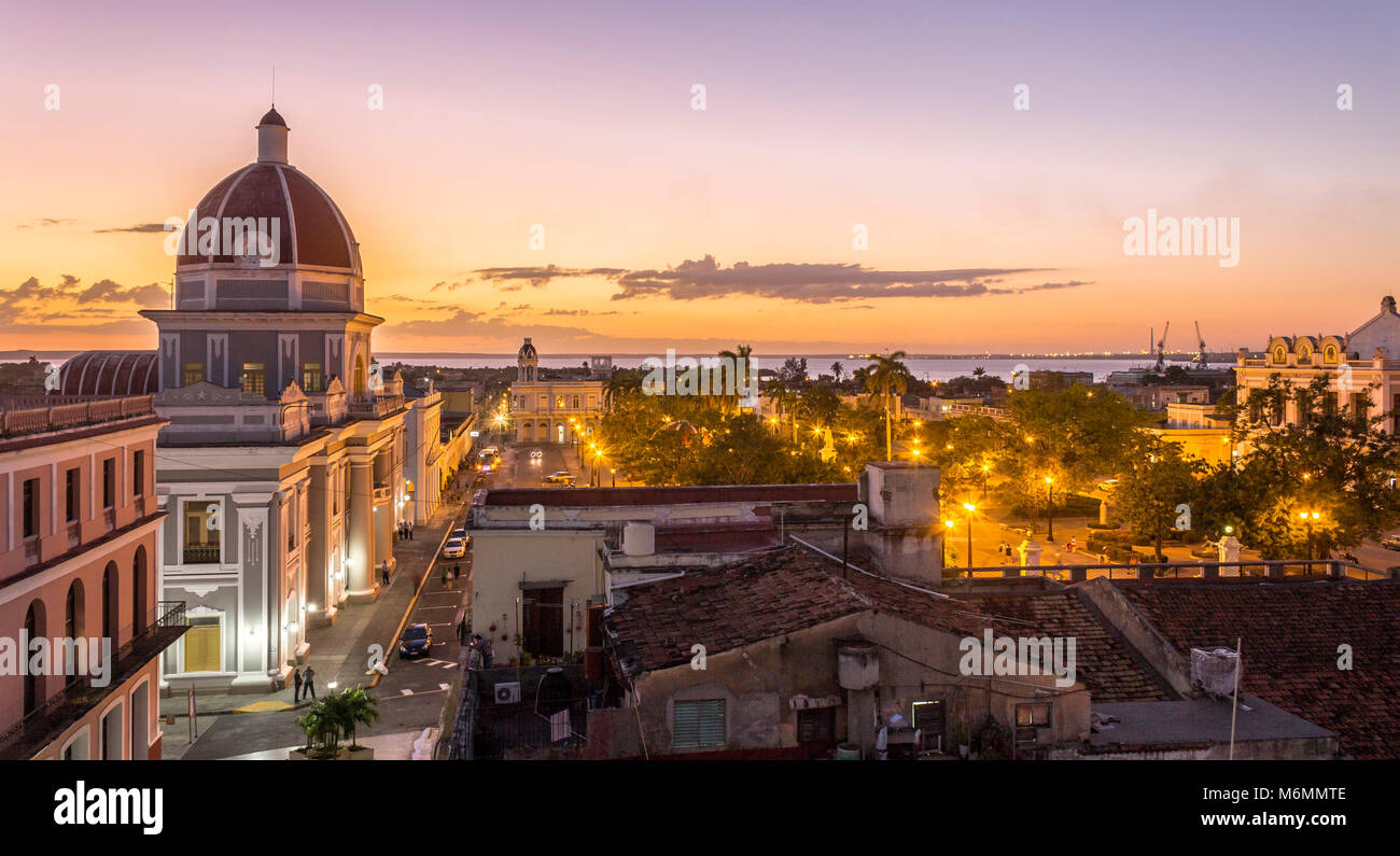 Sunset view of dome of Palacio del Gobierno and Marti Park, Cienfuegos, Cuba Stock Photo