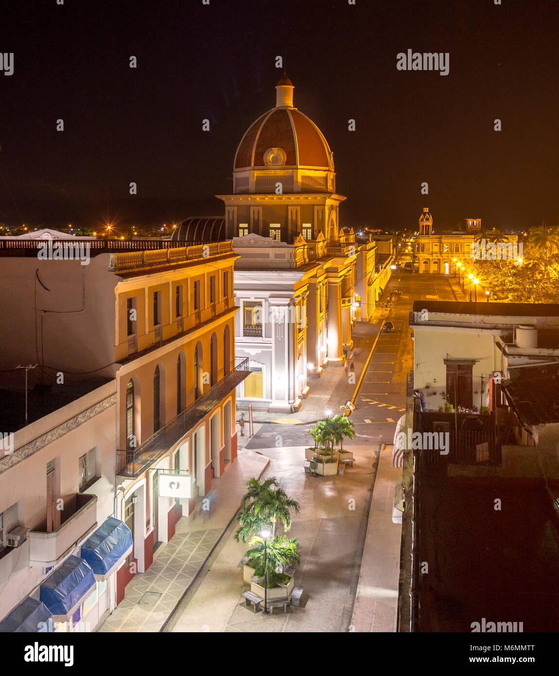 View of Palacio del Gobierno, and Marti Park in Cienfuegos, Cuba at night Stock Photo