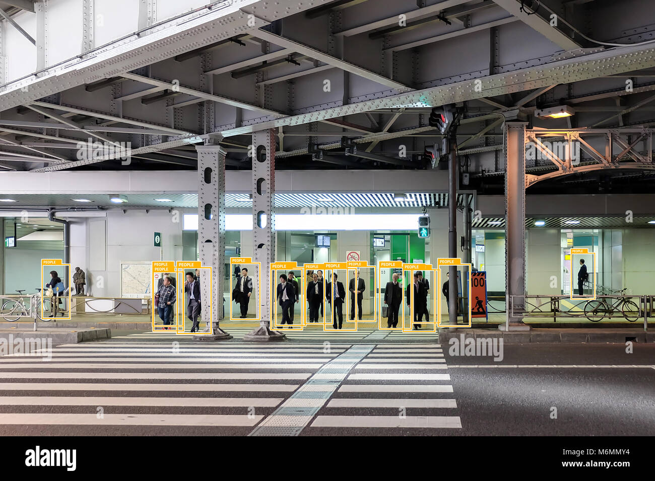 Machine Learning analytics identify person technology , Artificial intelligence concept. Software ui analytics and recognition people in city crossing Stock Photo