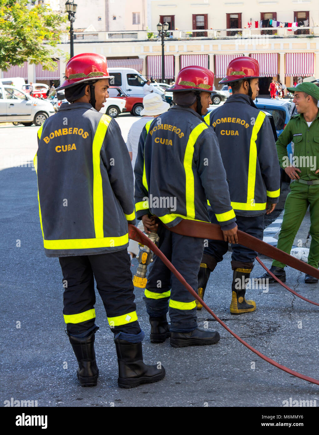 Firemen on a drill in Cienfuegos, Cuba Stock Photo