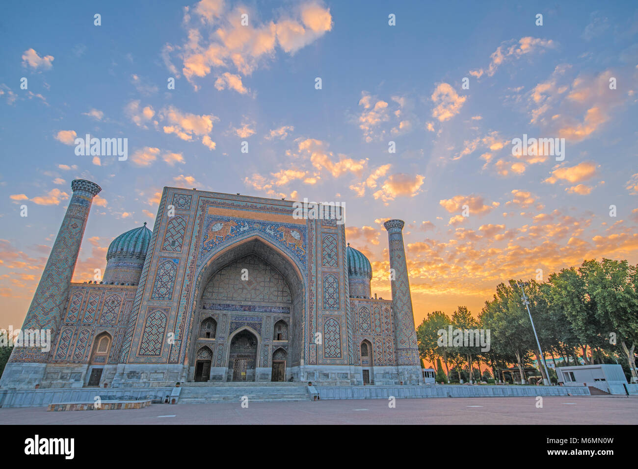 Morning clouds at the Registan, Samarkand,  Uzbekistan   Among the Word's oldest preserved medressas, Restor4ed during Soviet era Stock Photo