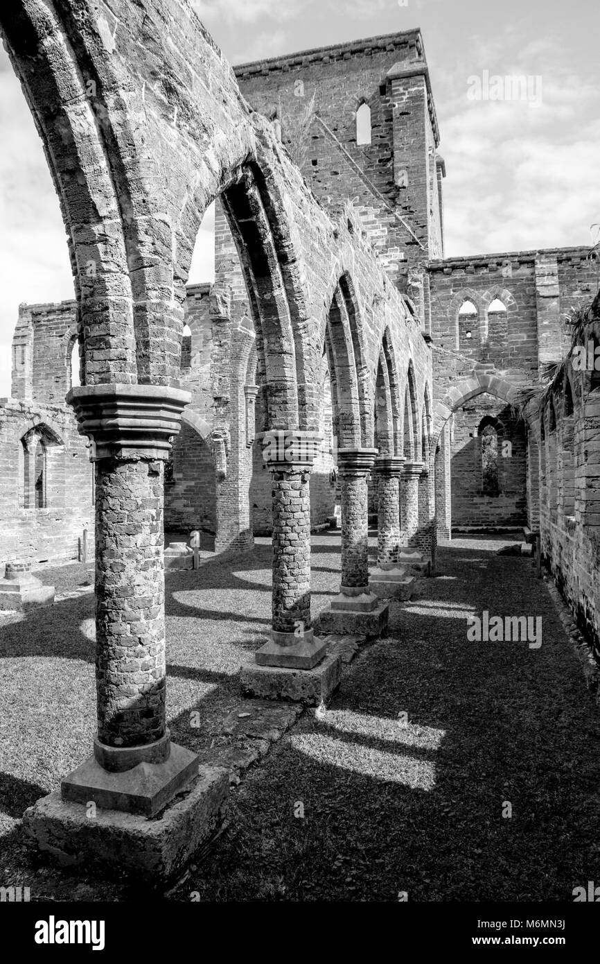 The Unfinished Church in St. George's, Bermuda came about as a result of differences of congregation opinion, money troubles and a strong hurricane. Stock Photo