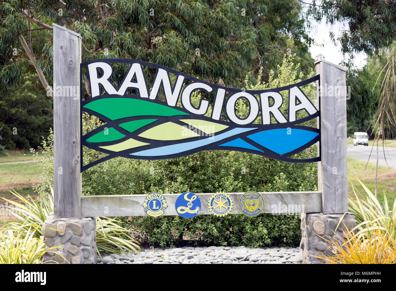 Town sign at entrance to Rangiora, Waimakariri District, Canterbury Region, New Zealand Stock Photo
