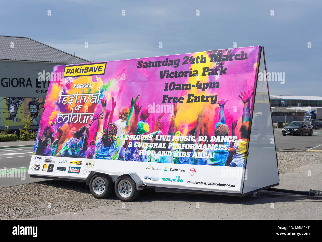 Festival of Colour mobile advertising billboard, Rangiora, Waimakariri District, Canterbury Region, New Zealand Stock Photo