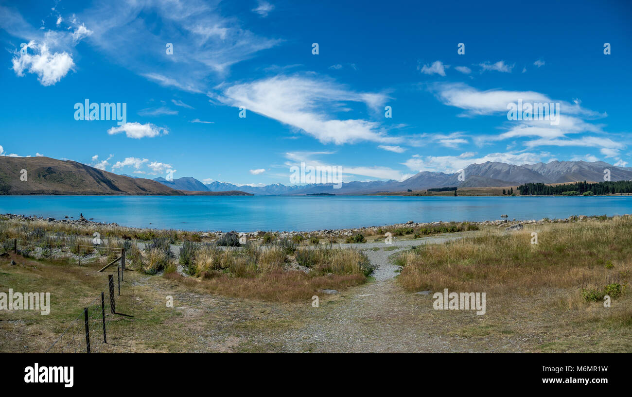 Lake Tekapo is a small town located at the southern end of the lake of the same name in the inland South Island of New Zealand. Stock Photo
