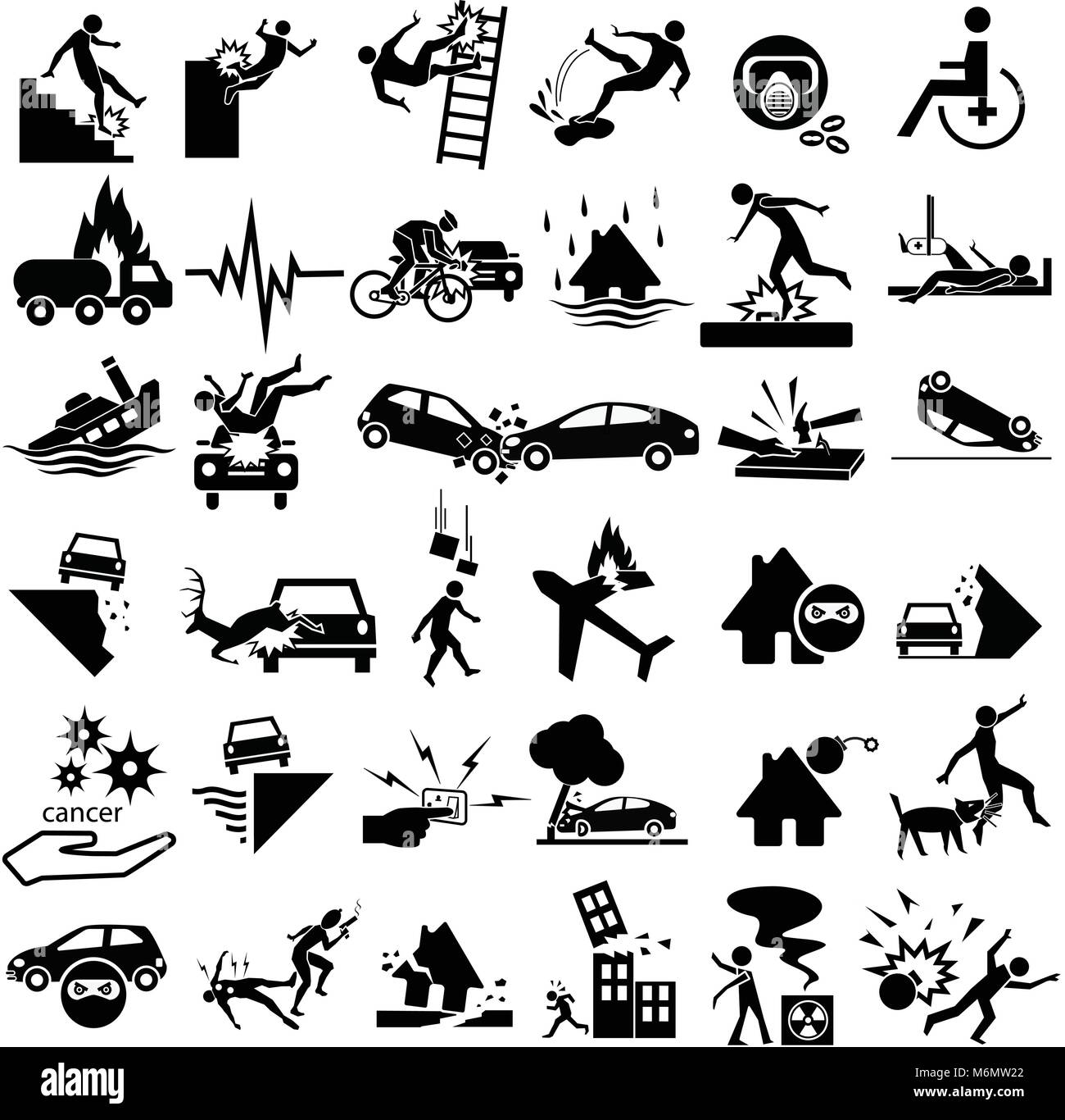 accident icons set for insurance, falling ladder, slippery, gas explosion, stumble, risks, cancer, bites, plane crash, thief, blast, murder, war, whee Stock Vector