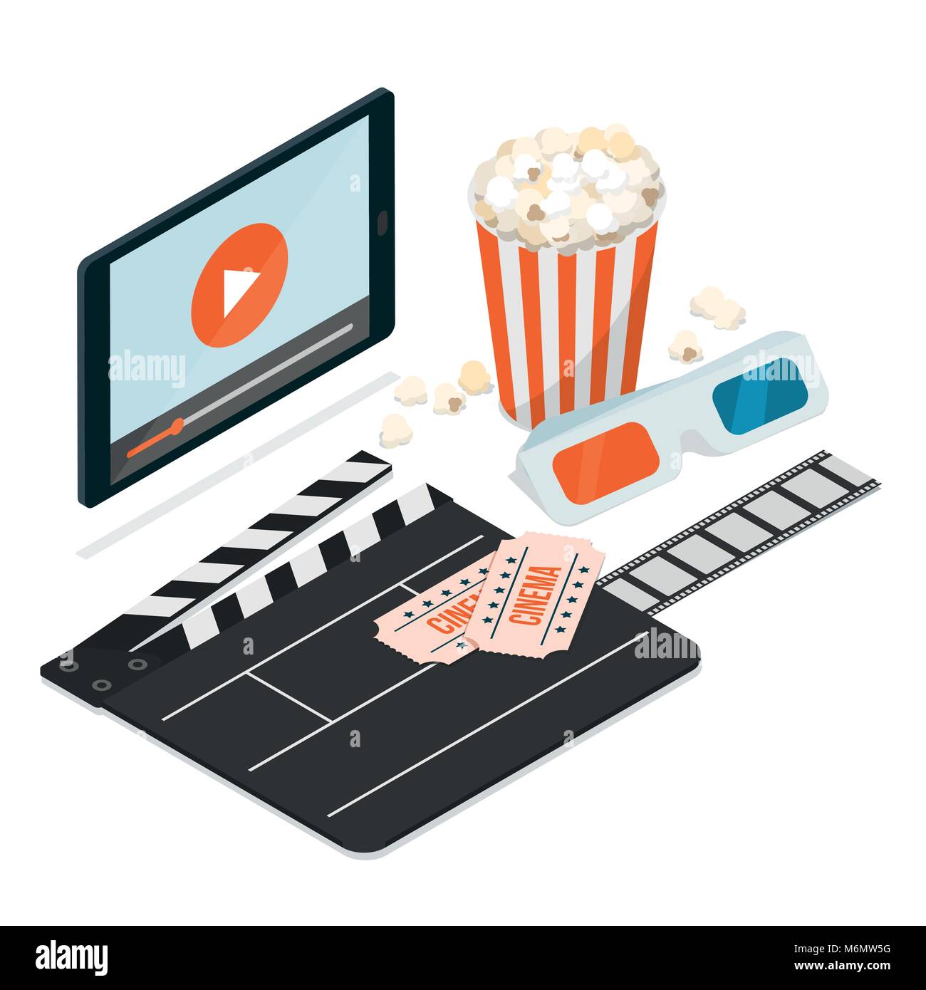 Film streaming on mobile app, clapperboard, 3d glasses and popcorn: entertainment and cinema concept Stock Vector
