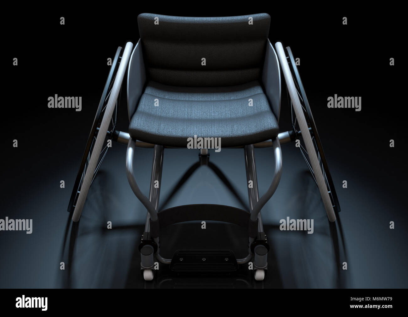 A modified wheelchair used by handicapped athletes to compete in various sporting codes on an isolated dark background - 3D render Stock Photo