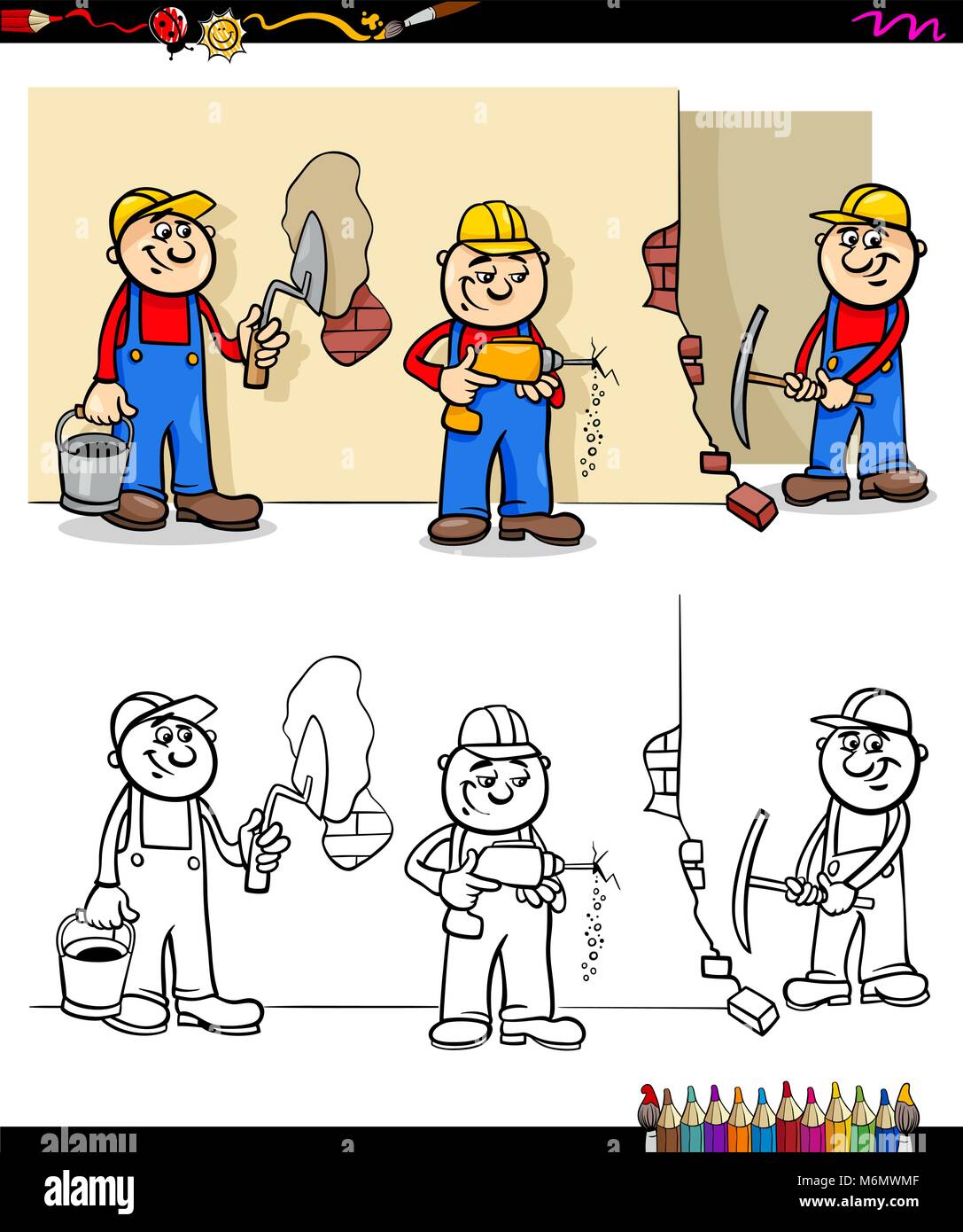 Cartoon Illustration of Manual Workers or Builders at Work Characters Group Coloring Book Activity Stock Vector