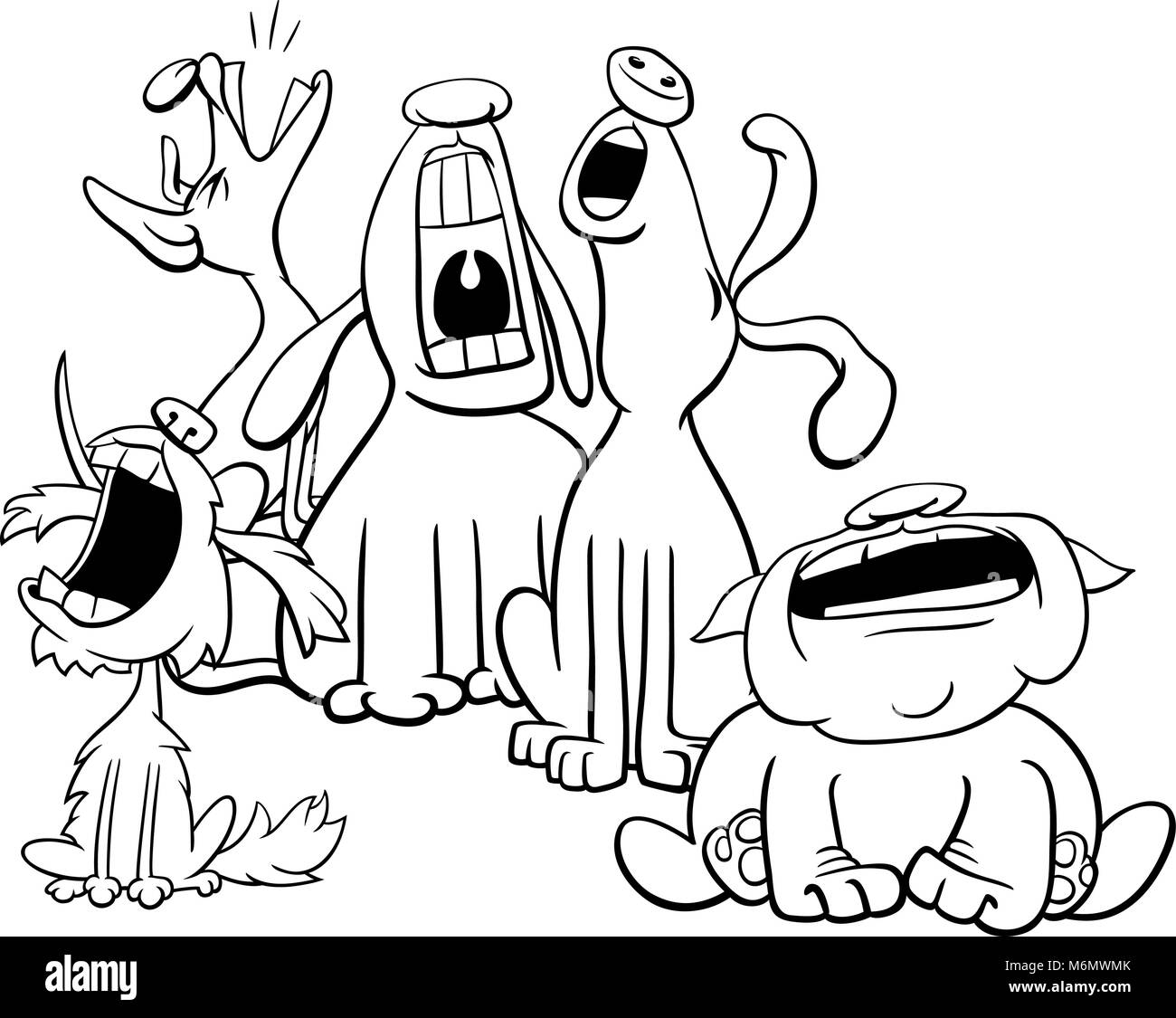 Black and White Cartoon Illustration of Dogs Animal Characters Group Barking or Howling Coloring Book Stock Vector