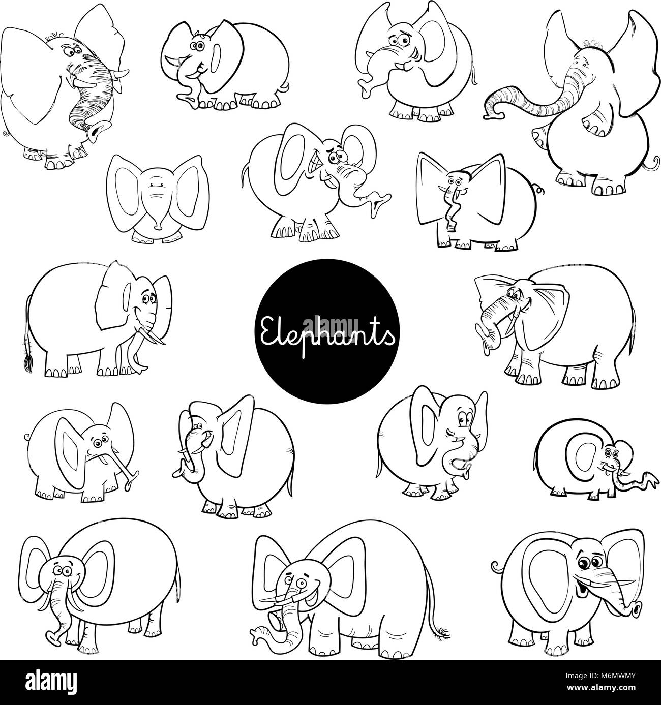 Black and White Cartoon Illustration of Elephants Animal Characters Big