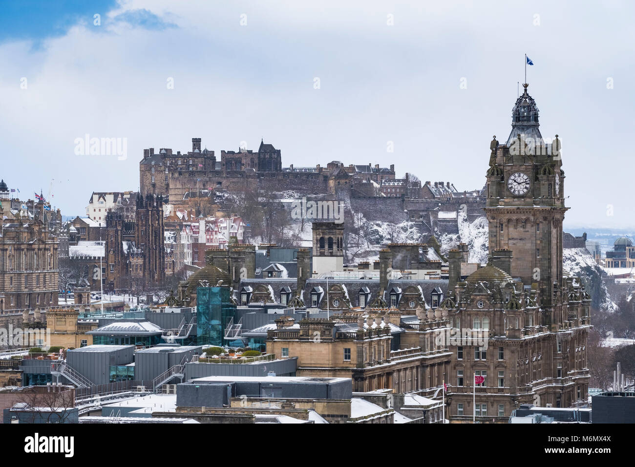 View of Edinburgh Castle and Balmoral Hotel from Calton Hill over city of Edinburgh after heavy snow falls , Scotland, United Kingdom Stock Photo