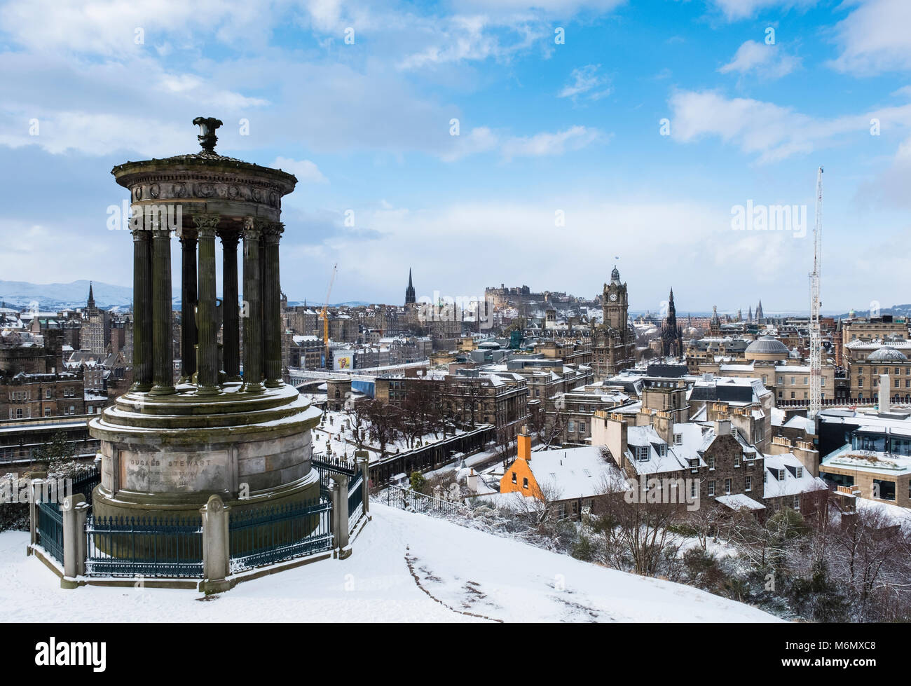 View from Calton Hill over city of Edinburgh after heavy snow falls , Scotland, United Kingdom Stock Photo