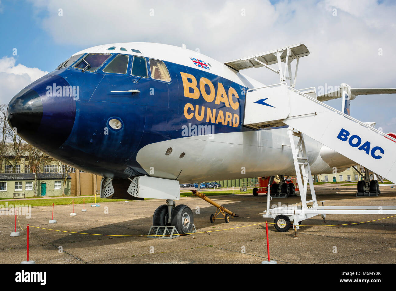 Vickers VC-10 in BOAC Cunard livery on the airfield perimeter at the Imperial War Museum, Duxford, Cambridgeshire, UK. Stock Photo