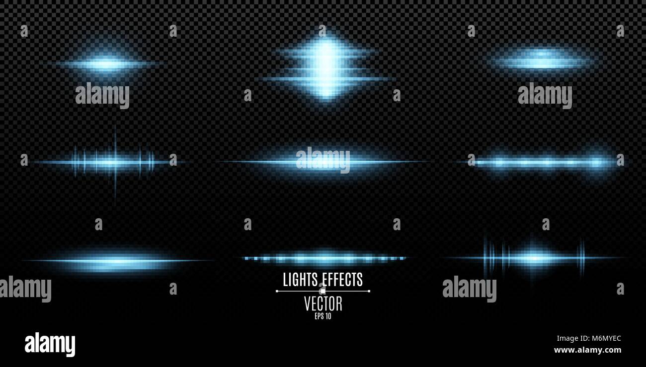 Blue light effects on a transparent background. Bright flashes and glares of blue color. Bright rays of light. Light vibration from sound. Glowing lin Stock Vector