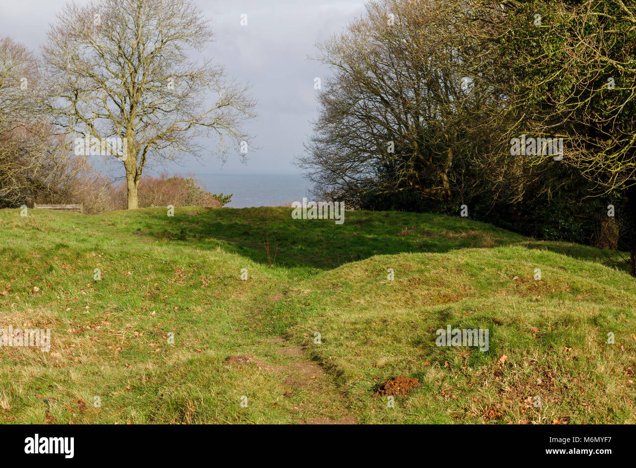 The site known as Beacon Hill, also as Roman Camp, with it's undulating earthworks. Highest point in Norfolk and located above West Runton, Cromer, UK Stock Photo