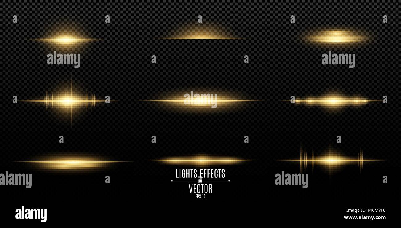 Gold light effects on a transparent background. Bright flashes and glares of golden color. Bright rays of light. Light vibration from sound. Glowing l Stock Vector