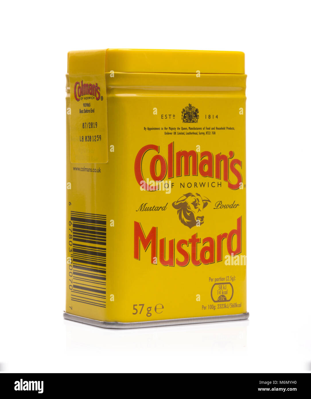 SWINDON, UK - MARCH 5, 2017: Tin of Colmans Mustard on a white background Stock Photo