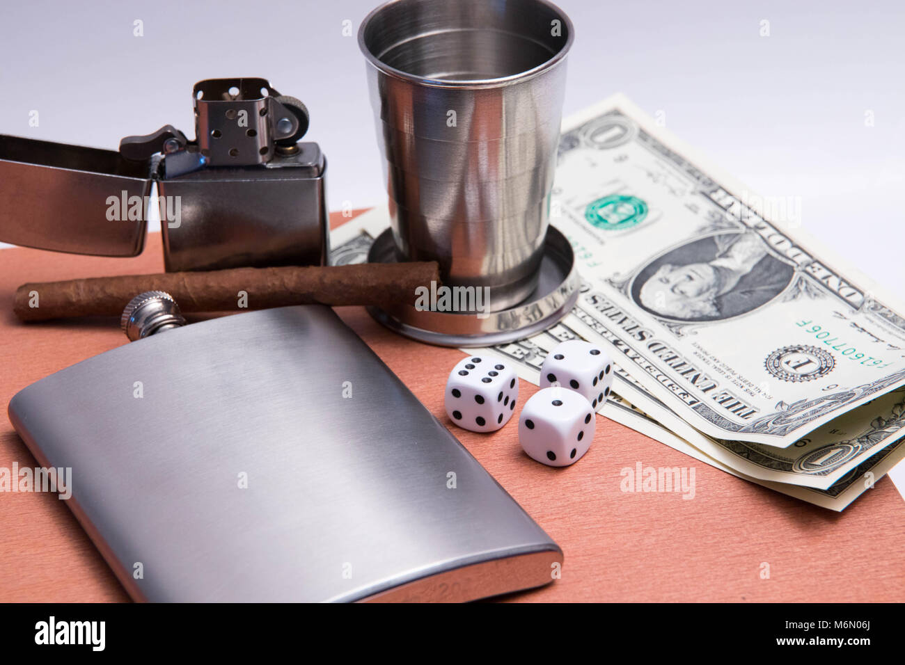alcohol flash cigard lighter matches zippo glass dice dollar bill wood texture Stock Photo Alamy