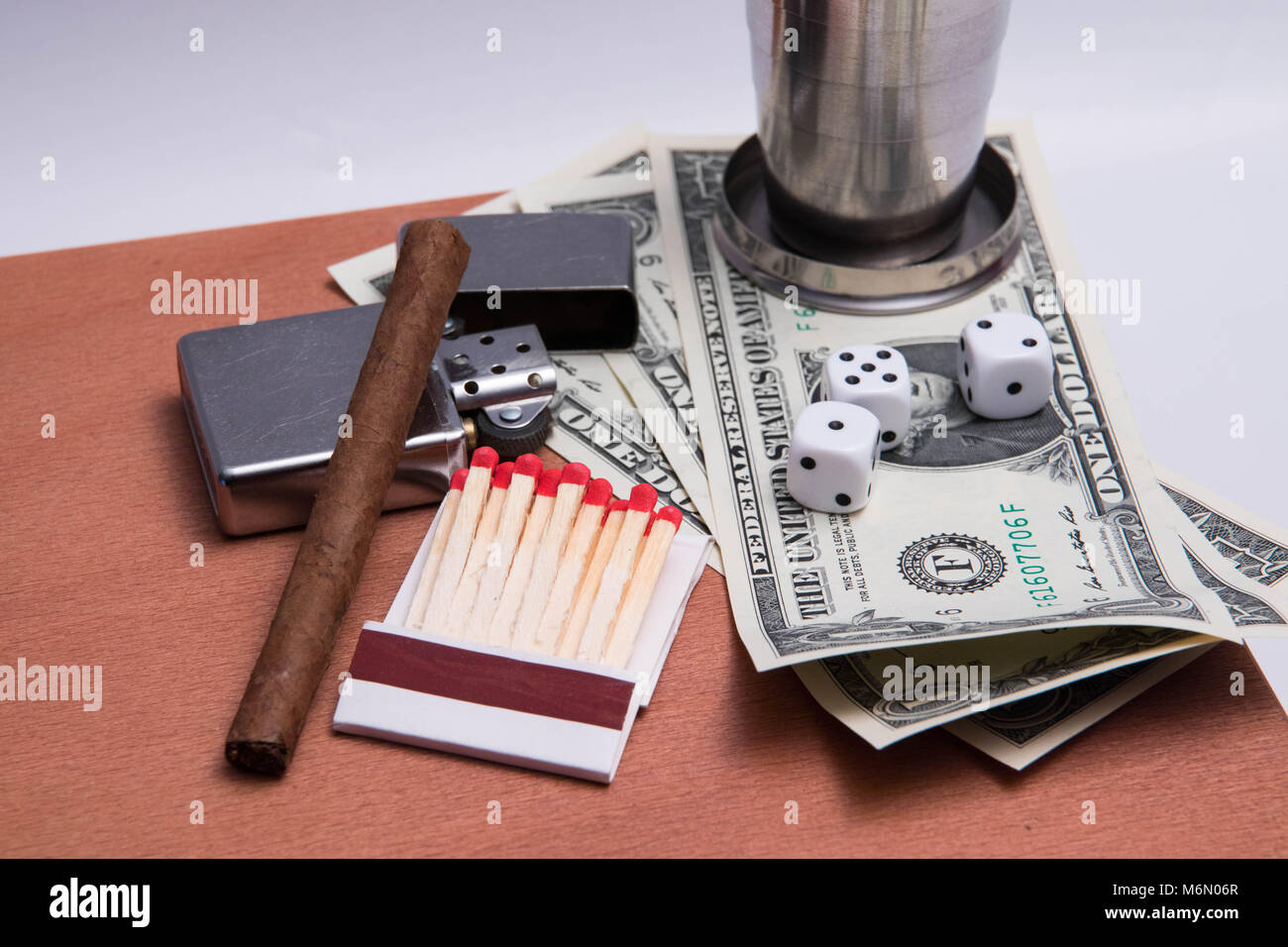 alcohol flash cigard lighter matches zippo glass dice dollar bill wood texture Stock Photo Alamy