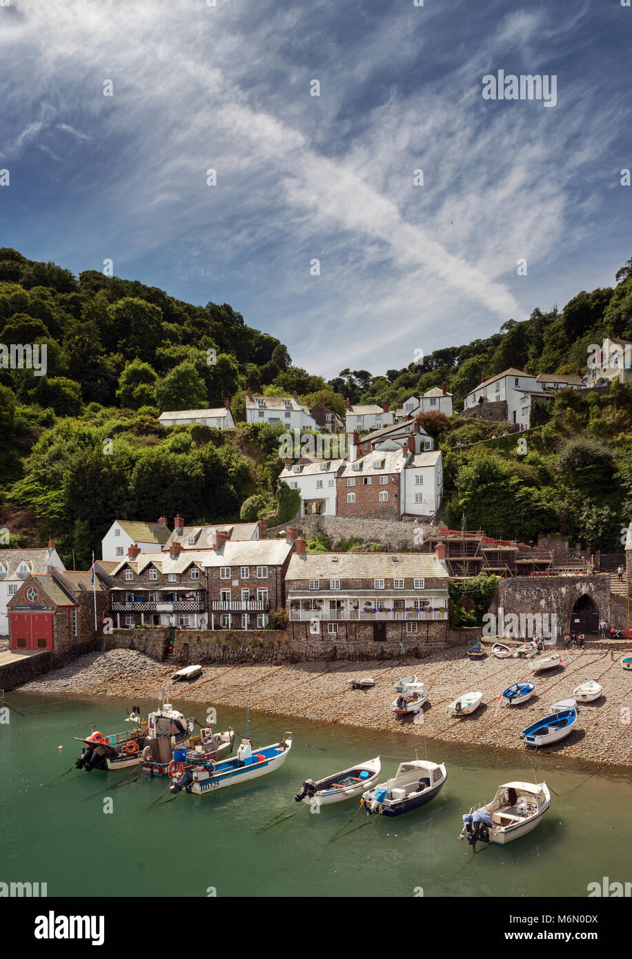 Clovelly harbour and its steep narrow cobbled street North Devon UK Stock Photo