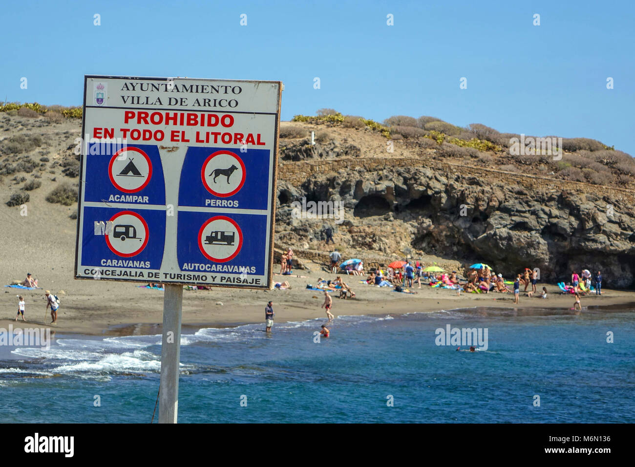 Abades beach, Poris de Abona, Tenerife South with family groups at the weekend Stock Photo