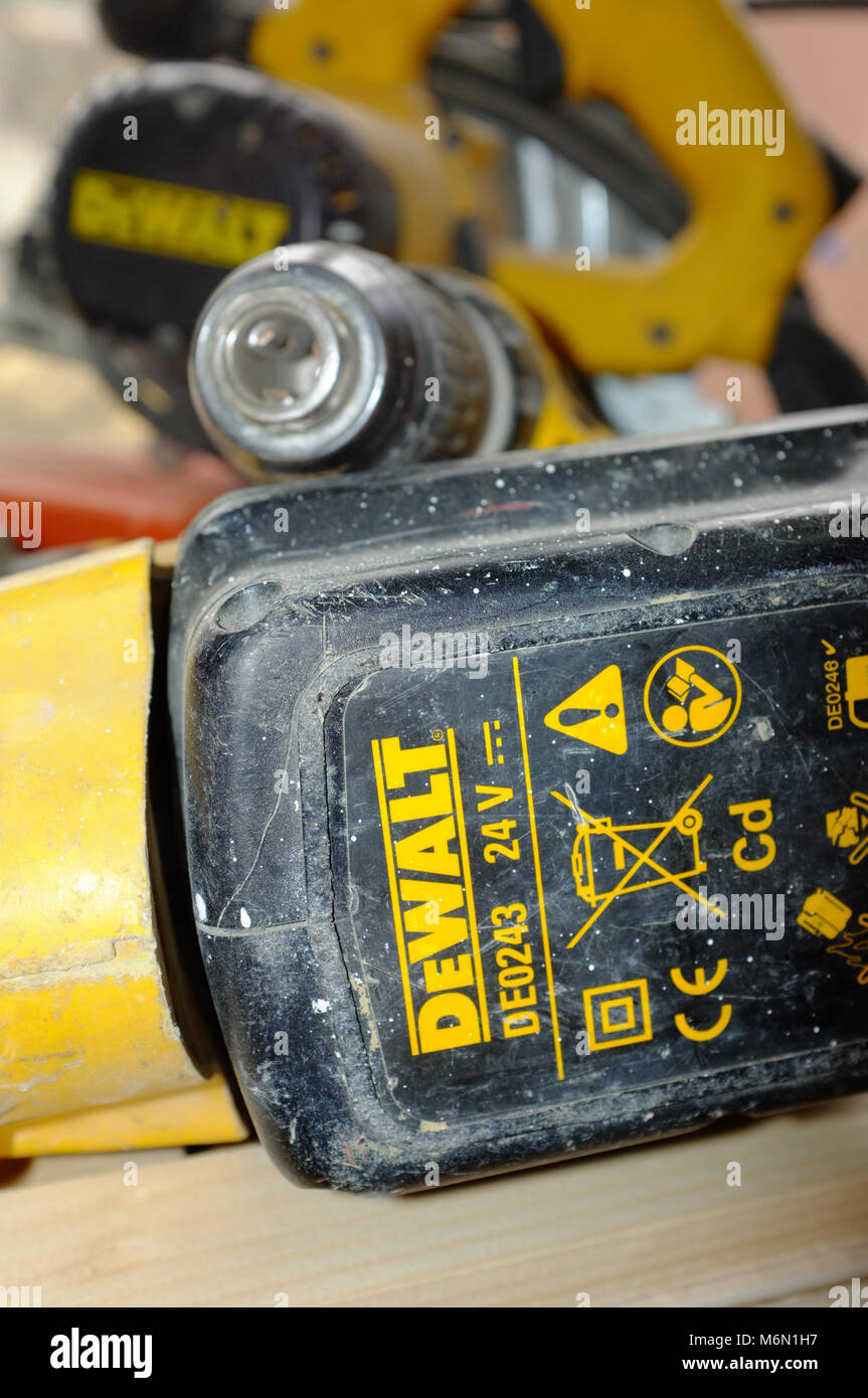 The bottom of a DeWalt power tool battery Stock Photo