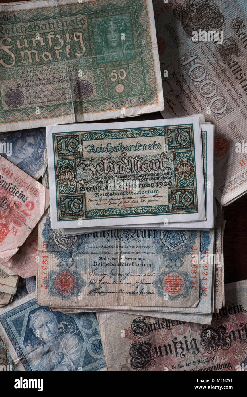 Reichmarks German banknotes from the 1920s to the 1940s Stock Photo