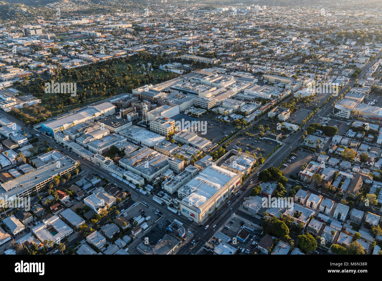 Los Angeles, California, USA - February 20, 2018:  Aerial view of Hollywood and Paramount Pictures Studio on Melrose Av. Stock Photo