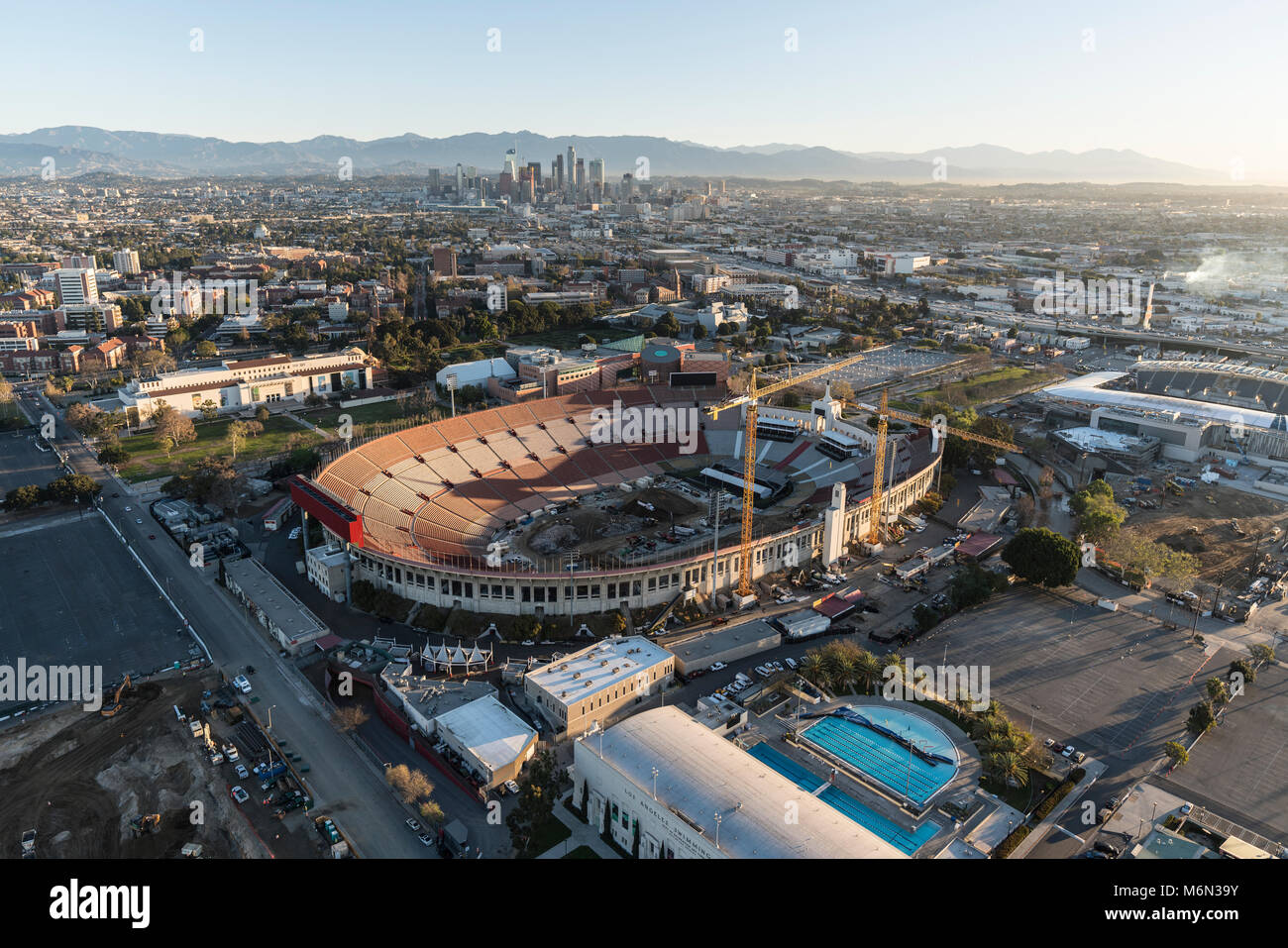 Los Angeles, California, USA - February 20, 2018:  Aerial view of event preparations at the Los Angeles Memorial Coliseum in Exposition Park near USC  Stock Photo