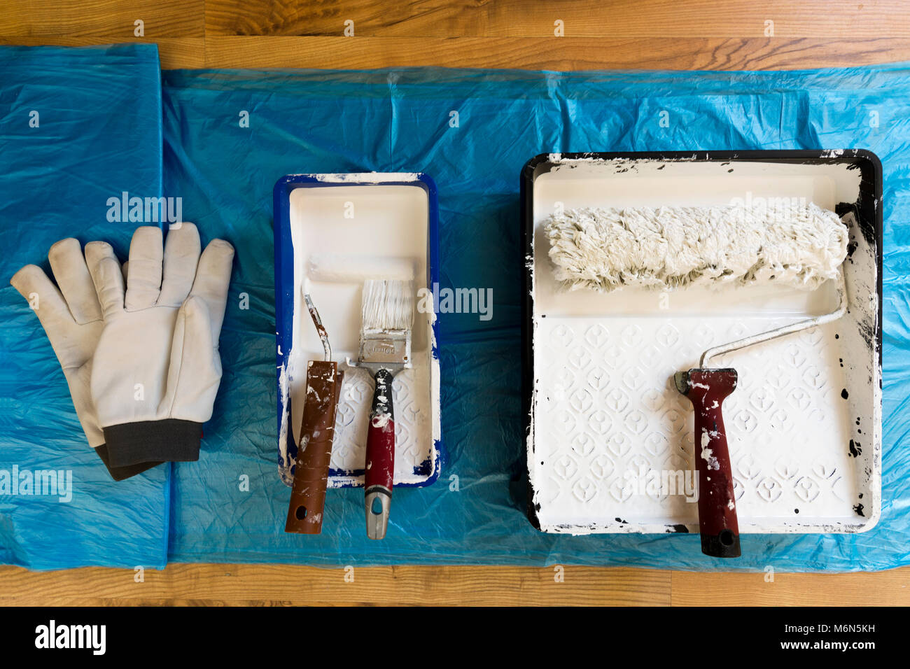 Rollers of different sizes,brush and gloves for painting the walls and