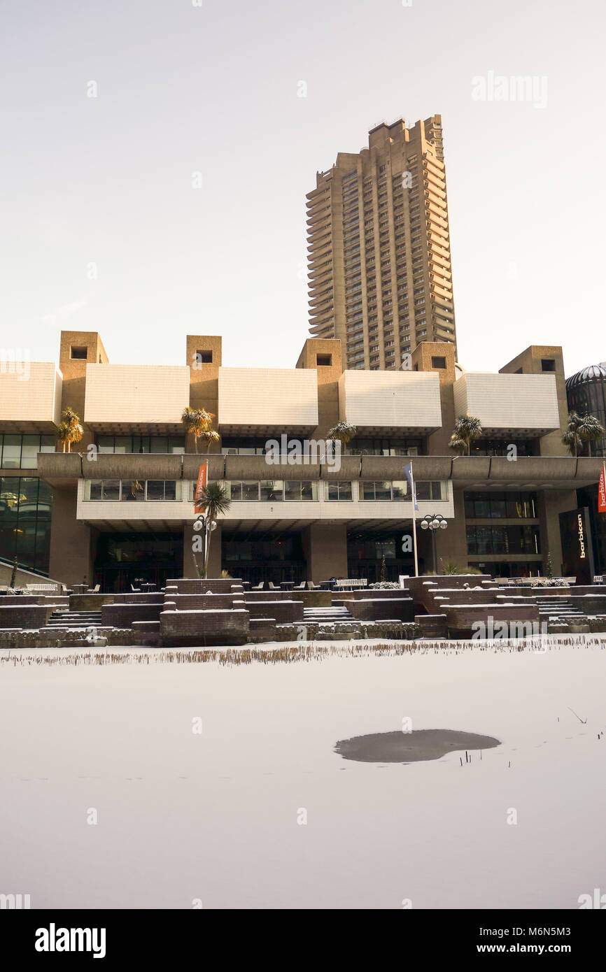 LONDON, UK -28th Feb 2018: Heavy snow falls acrossed the Barbican caused by snow storm Emma. Stock Photo
