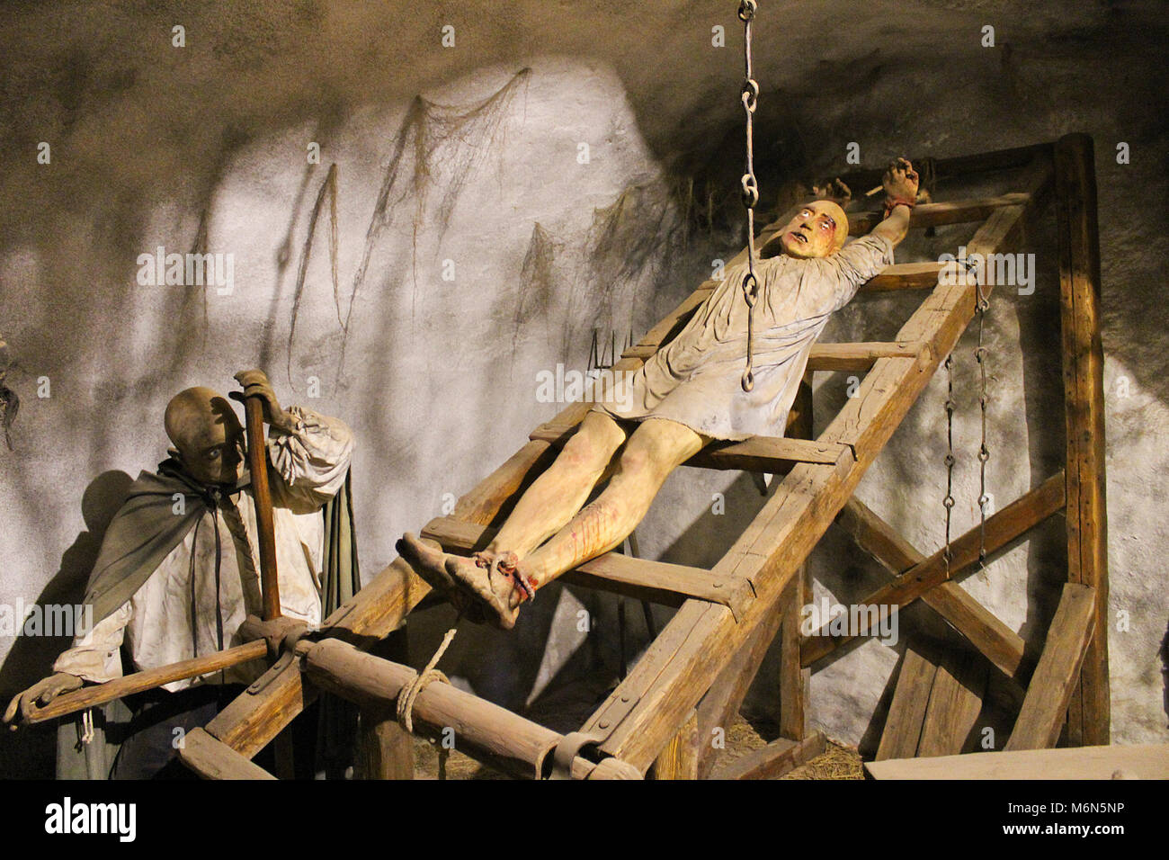 2017-09-01 - castle Loket, Czech republic, exhibition of torture, Old torture practice with ladder, dummy instalation Stock Photo