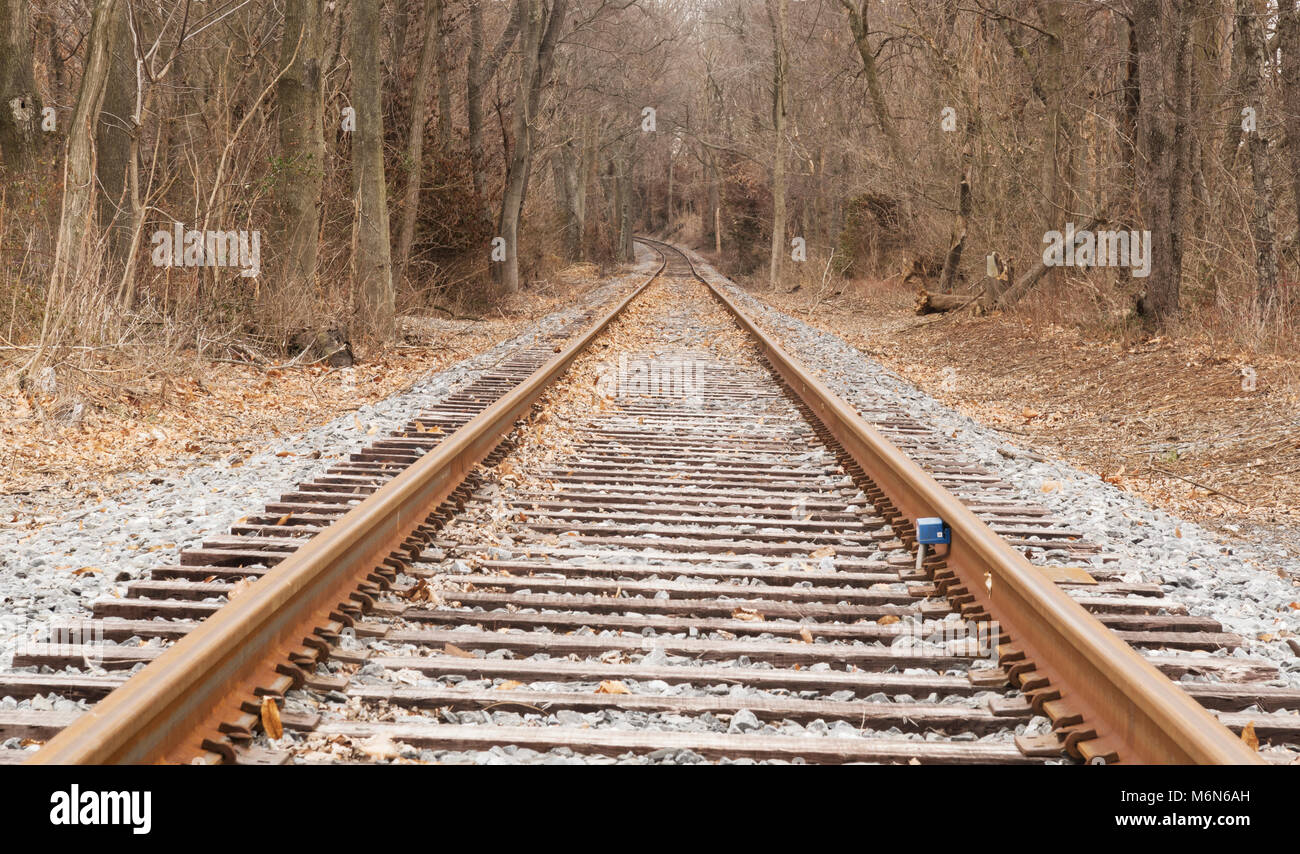 A low level view of straignt and narrow RR tracks curve a long way down the tracks during this bleak winter view. Stock Photo